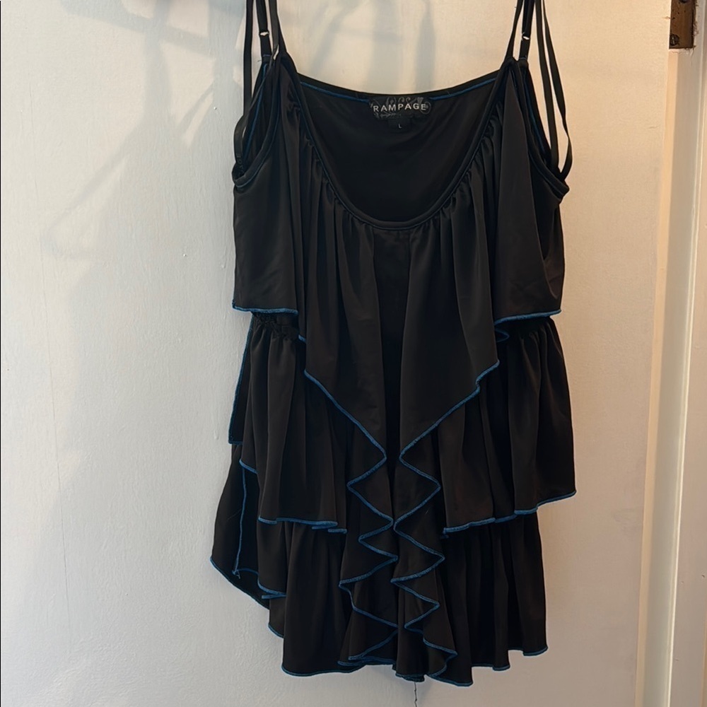 Black Ruffled Tank with Blue Trim